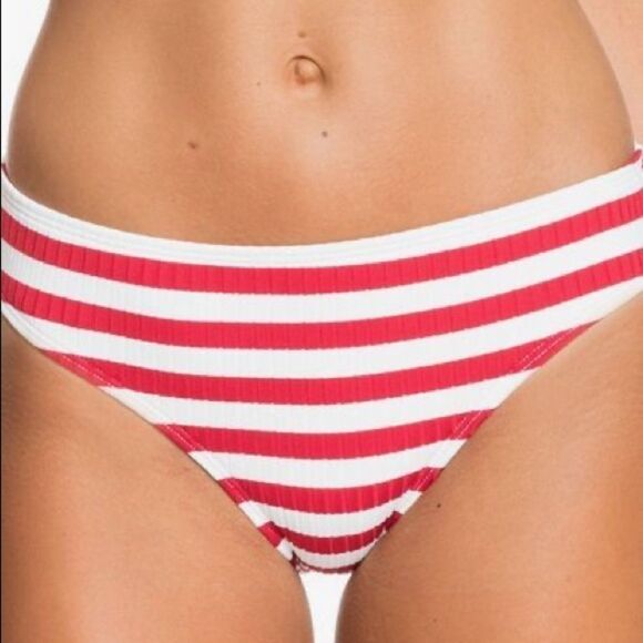 Roxy Hello July Red Striped Full Bikini Bottoms Size Small - Picture 1 of 7